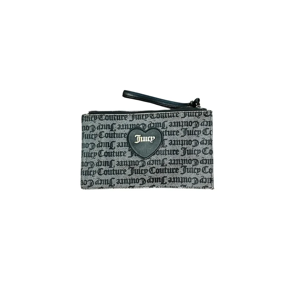 Juicy Couture Gothic Monogram Wristlet Pouch Black Grey Logo Heart Zip Clutch